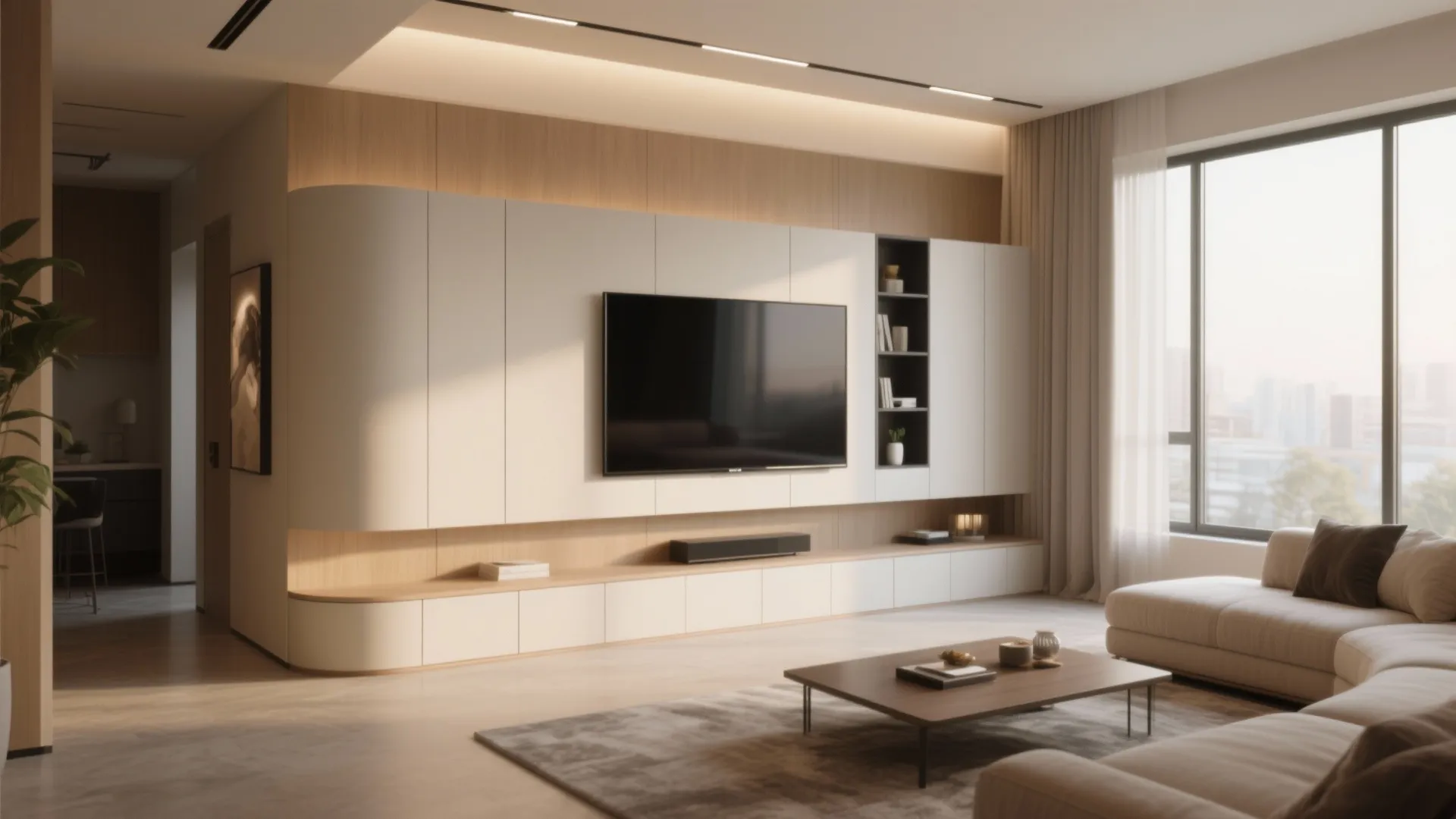 Minimalist living room with large white wall cabinet system and television beside a bright window