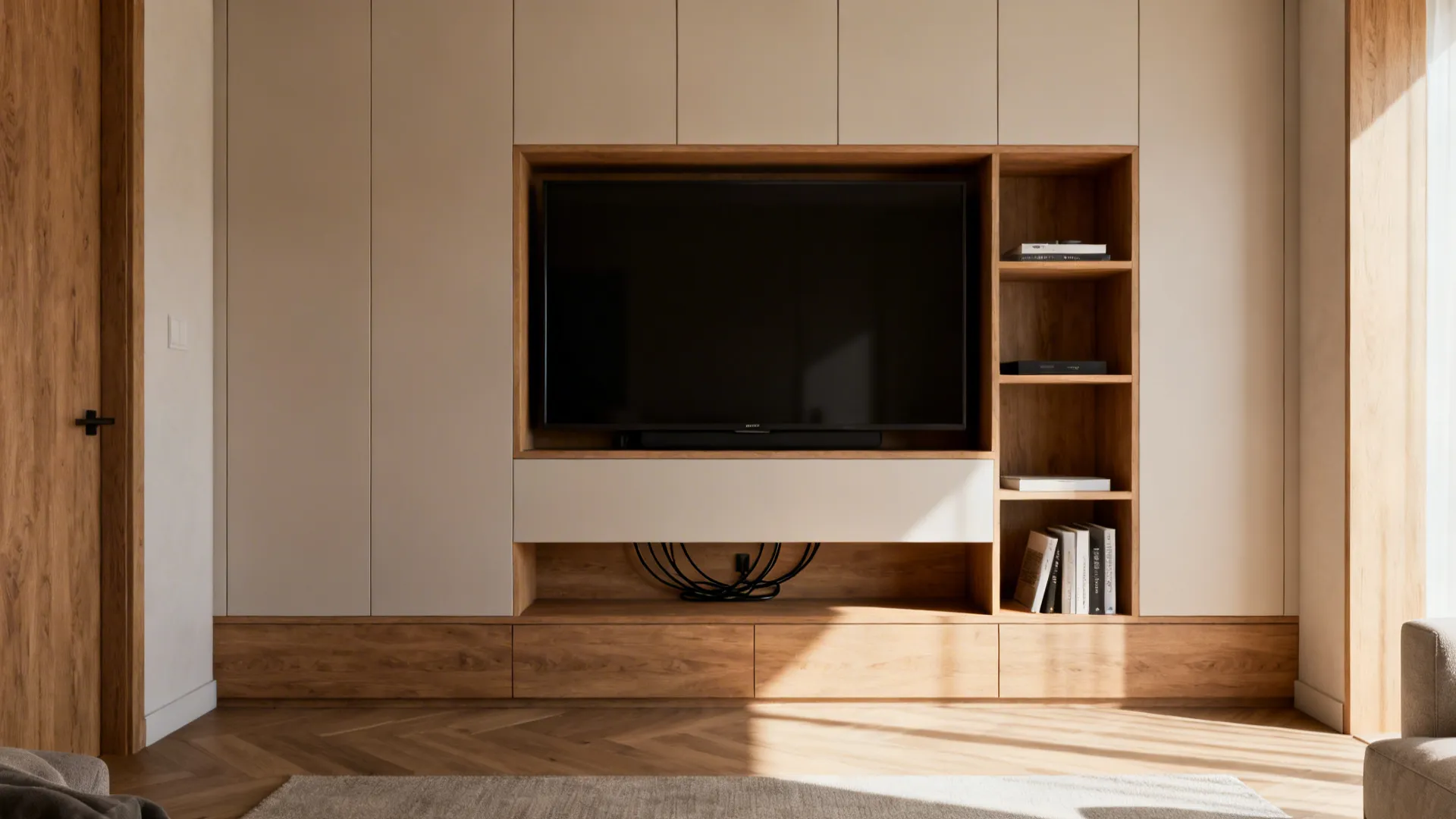Built-in wooden wall cabinet featuring a large television screen with open shelves and books storage space