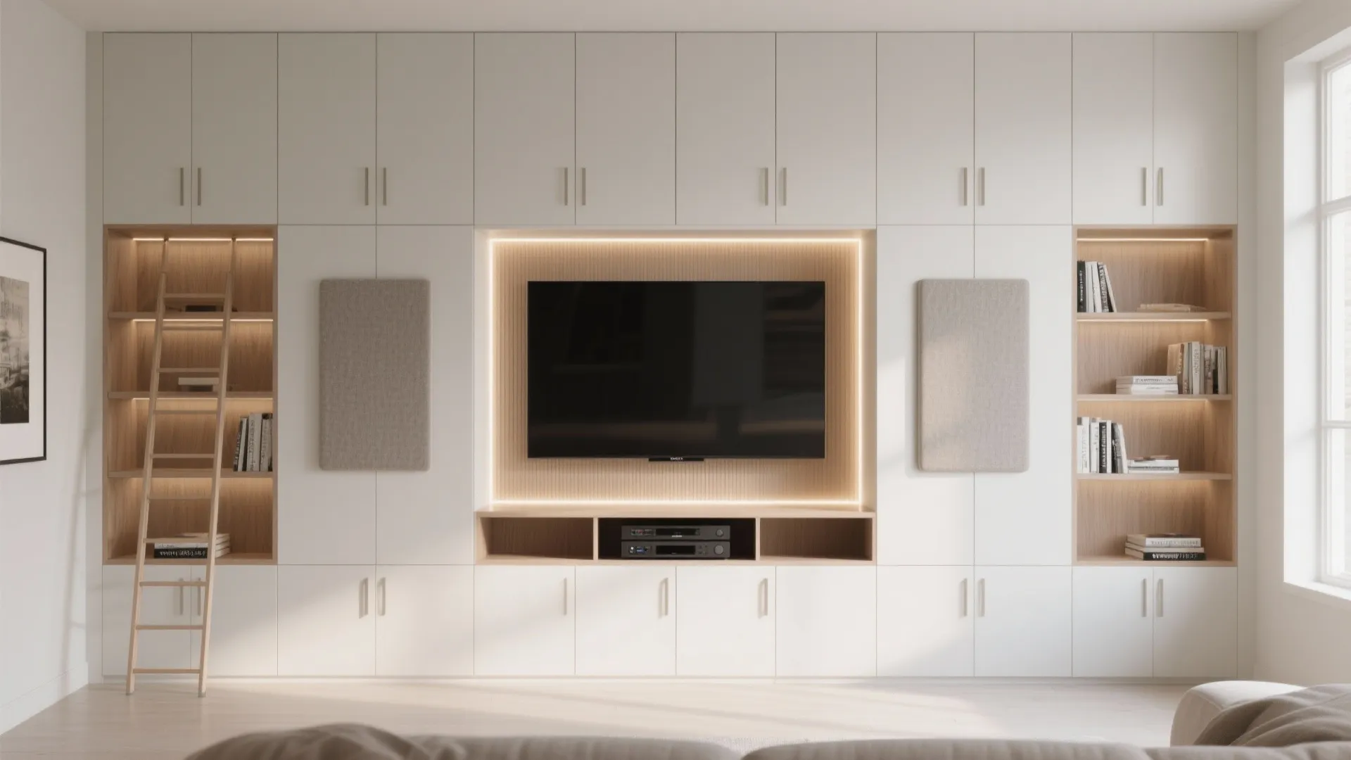 Modern white wall cabinet system with built in television light strips bookshelves and a ladder
