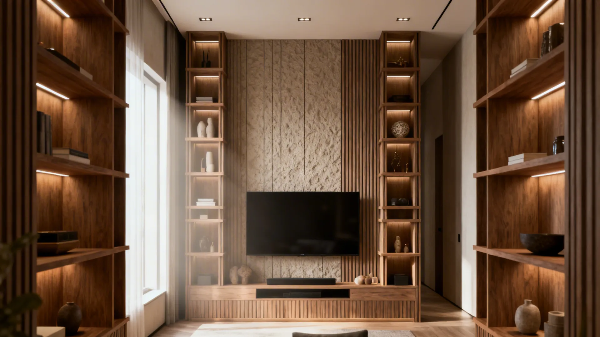 Vertical media wall with flanking shelving and textured paneling behind a large TV in a narrow living room