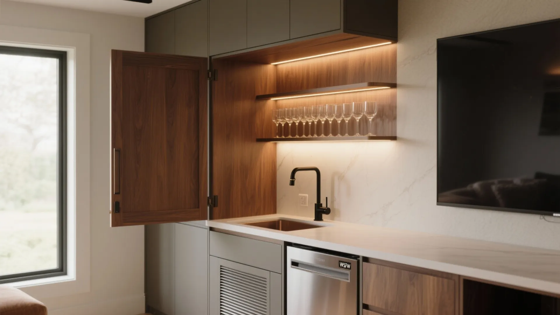 Discreet wet bar inside the media wall