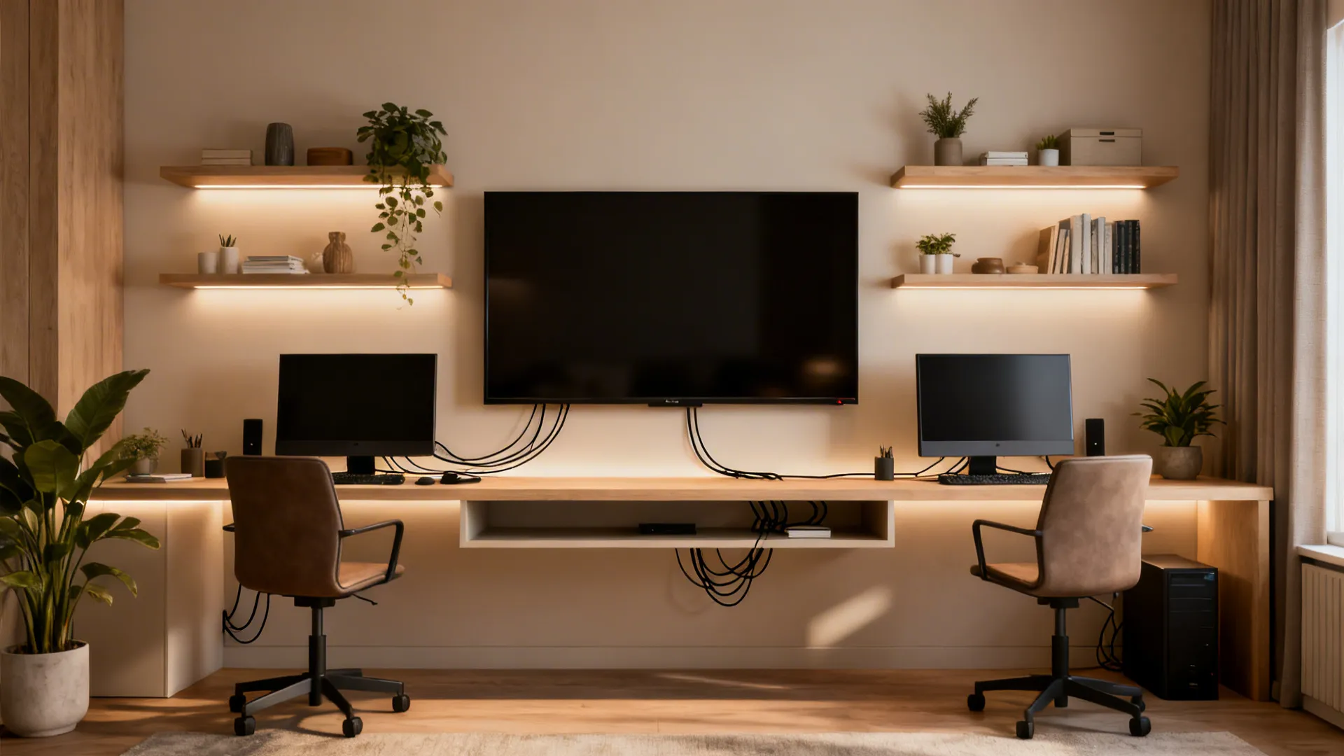 Long wooden home office desk for two people featuring computers a television and wall shelves