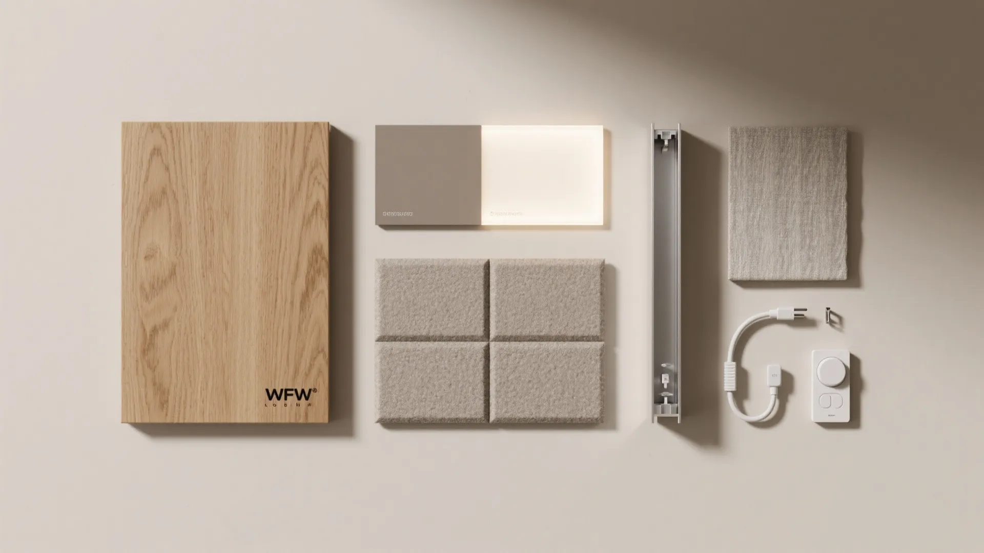Material flat lay of oak veneer, matte paint, LED diffuser, aluminum channel, and dimmer.