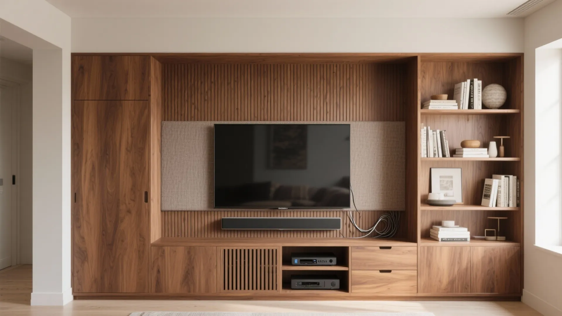 5) Built-in media wall: storage, scale, and warmth