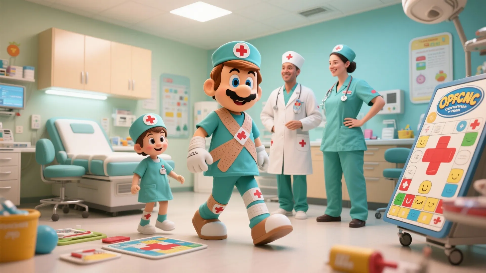 Cartoon character dressed as a doctor walking in a clinic with cabinets and a medical bed