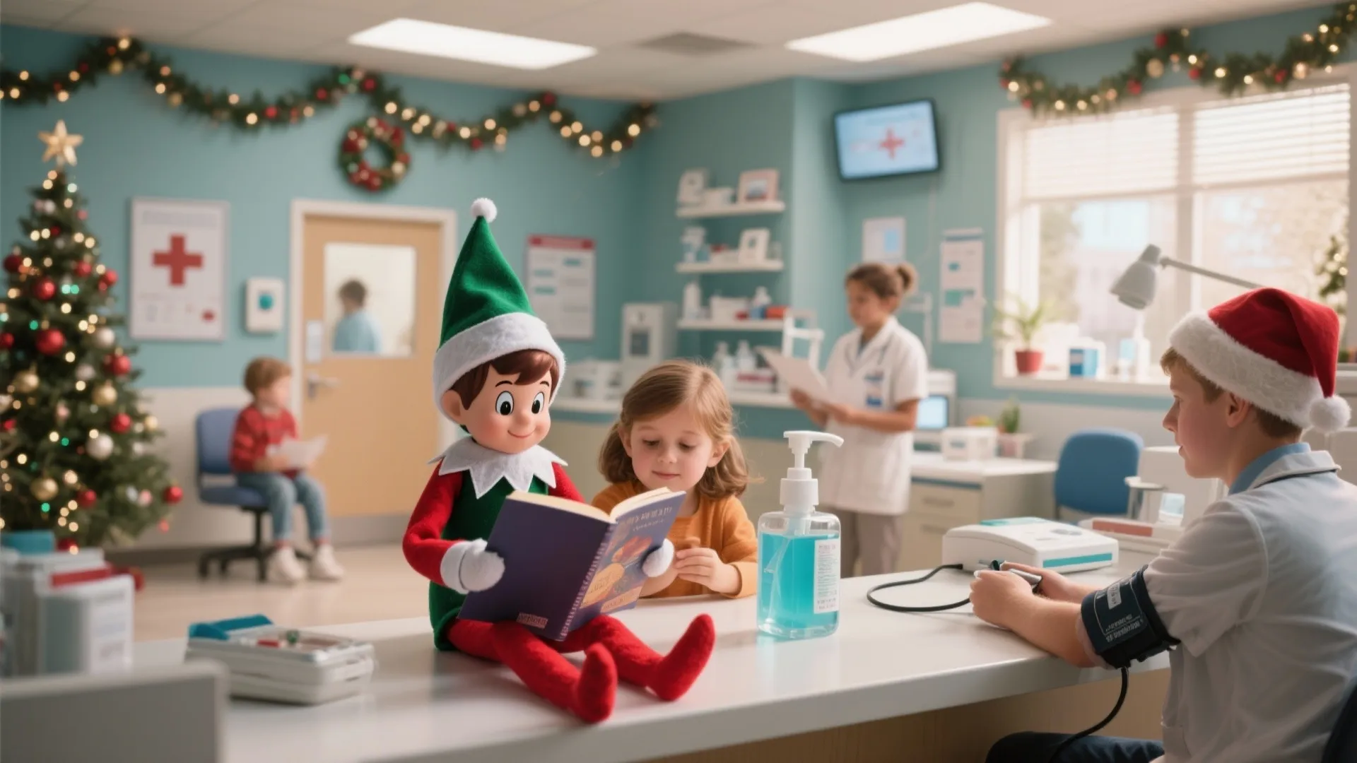 Elf on the shelf reading a book to a child in a decorated medical office