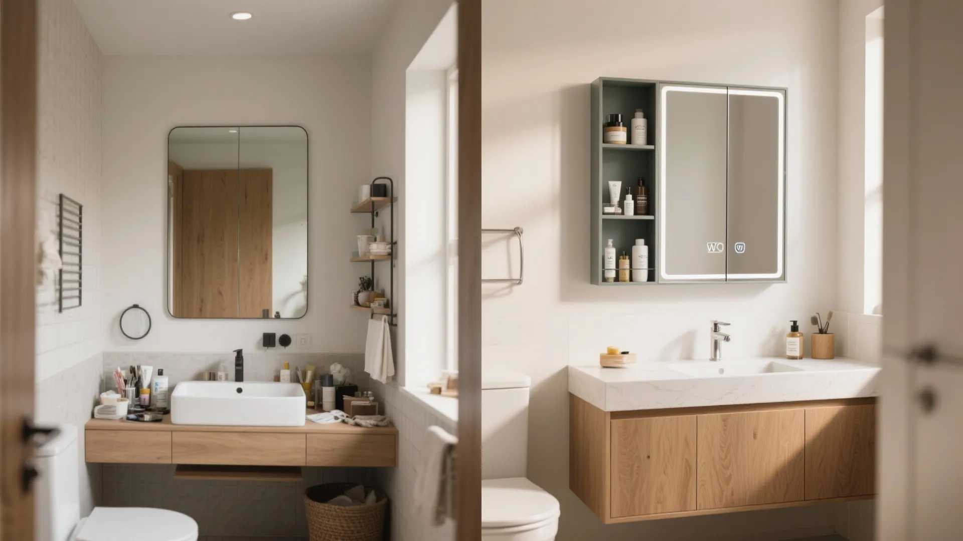 Before-and-after comparison showing messy bathroom counter versus organized wooden cabinet with modern light fixture mirror