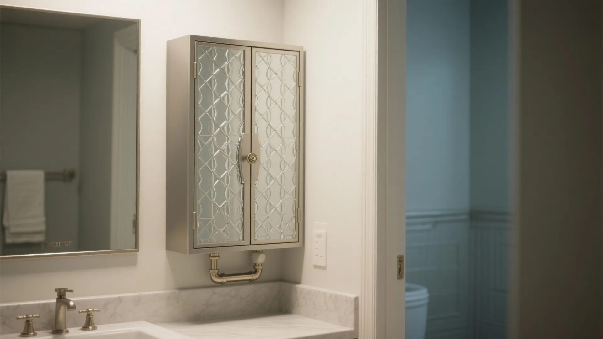Wall mounted metal cabinet with patterned glass doors above a marble bathroom counter and sink