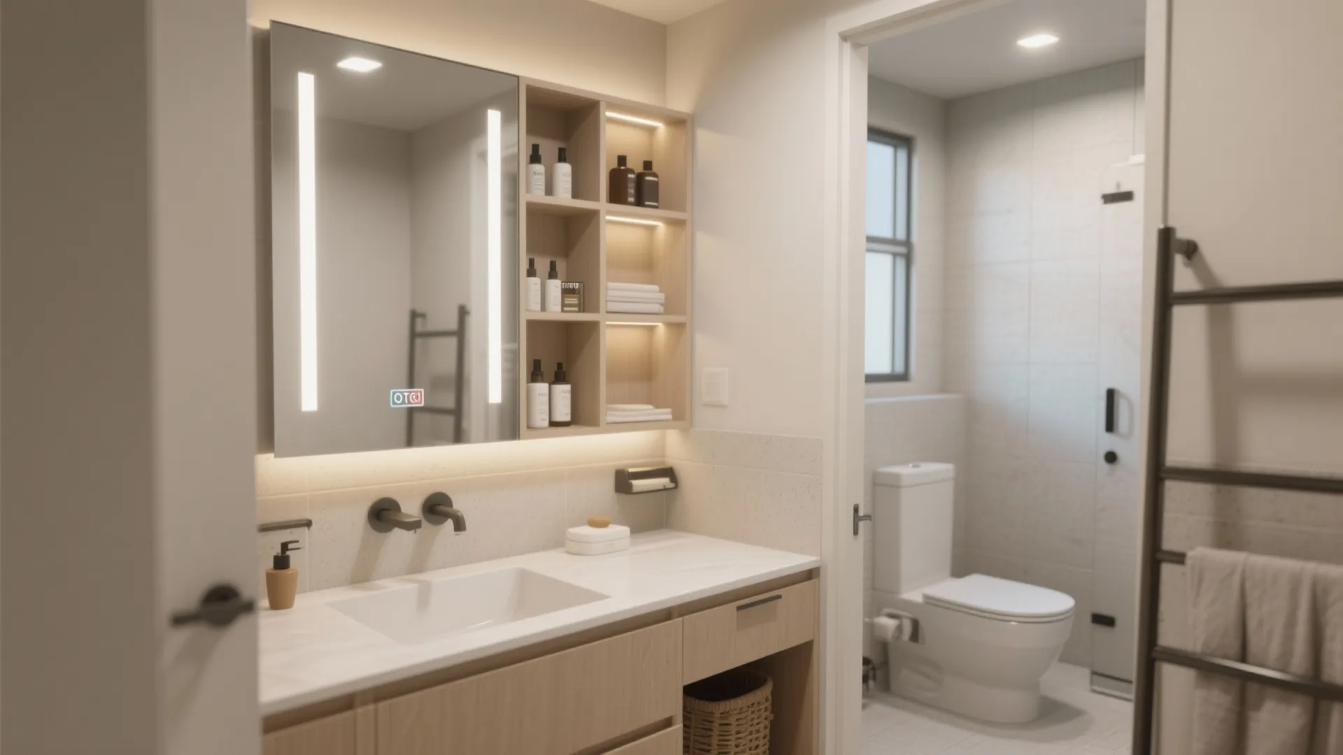 Modern bathroom featuring lighted mirror wooden shelves white sink and toilet in the bright background