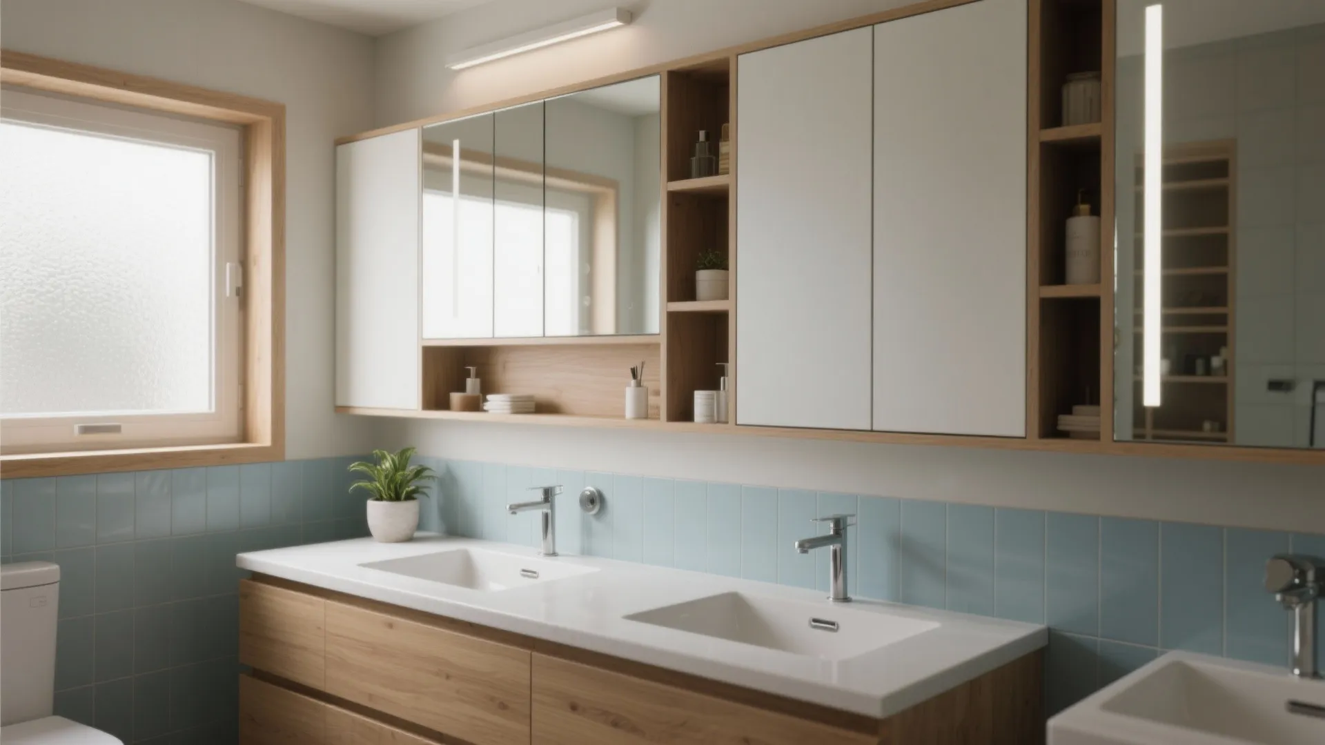 Modern bathroom with double sink vanity wooden cabinets blue tiles large mirror and natural light