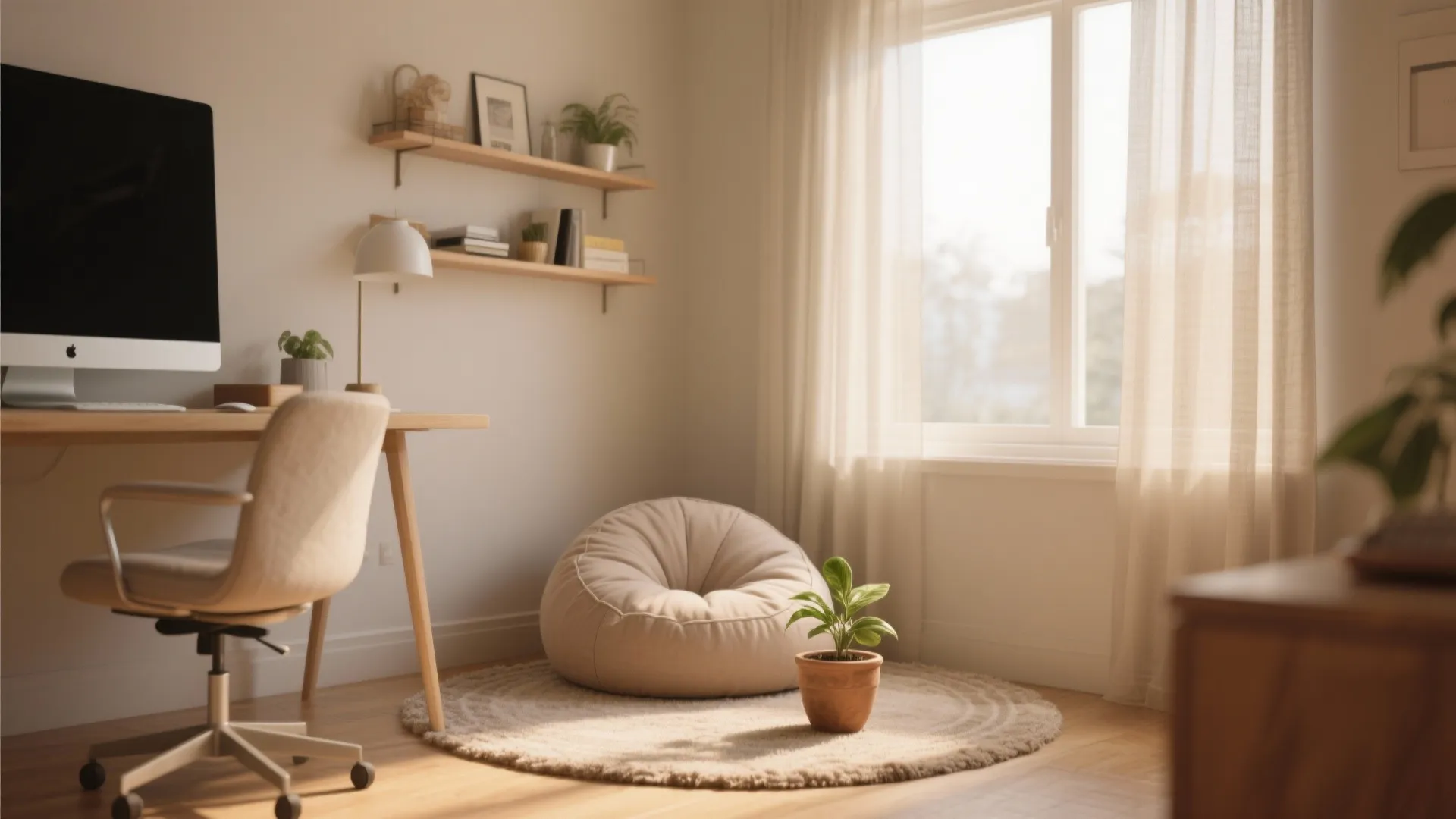 Bright home office with a bean bag chair on a round rug near a window