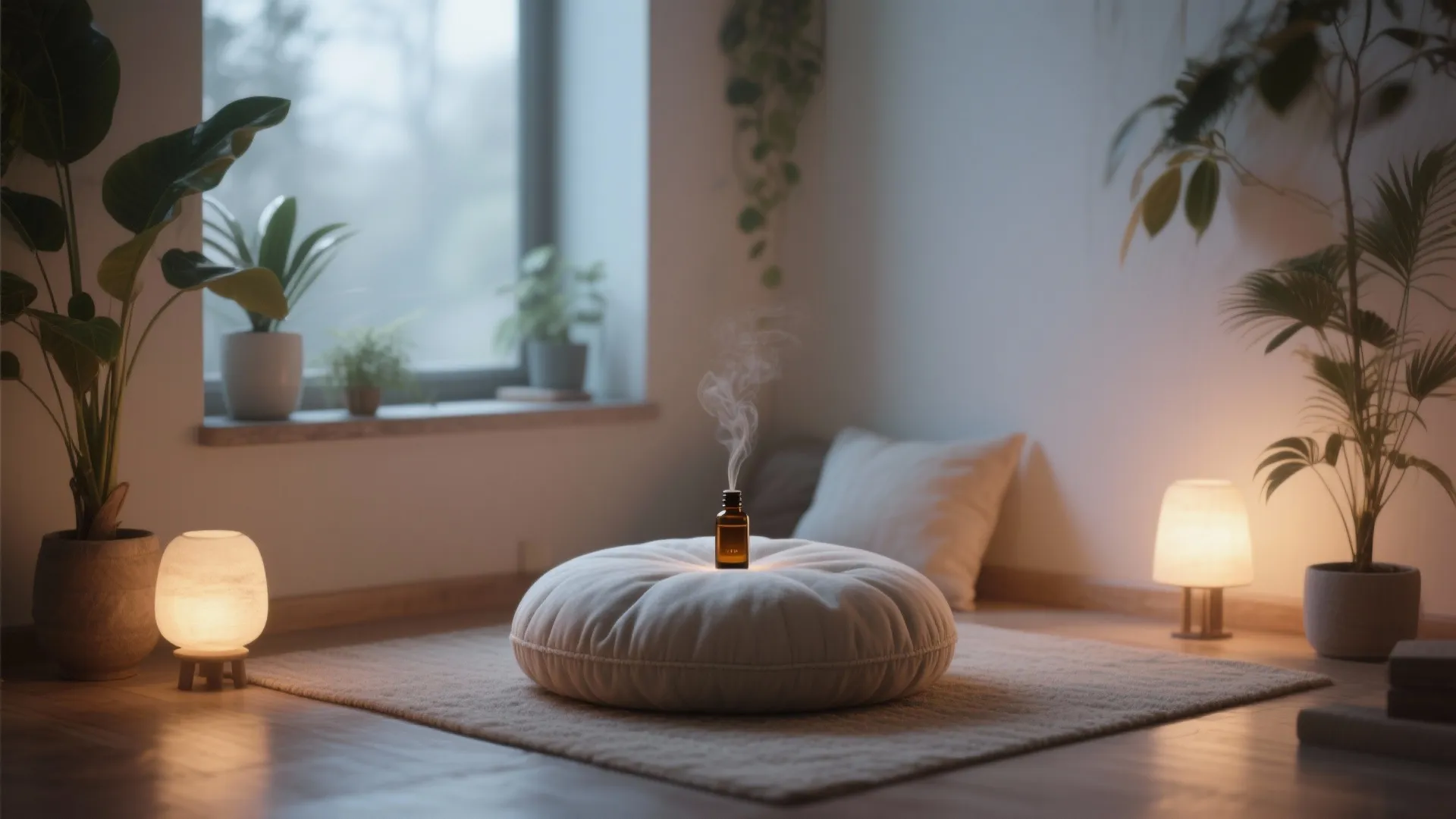 Peaceful meditation corner with white floor cushion small oil bottle warm lamps and green plants