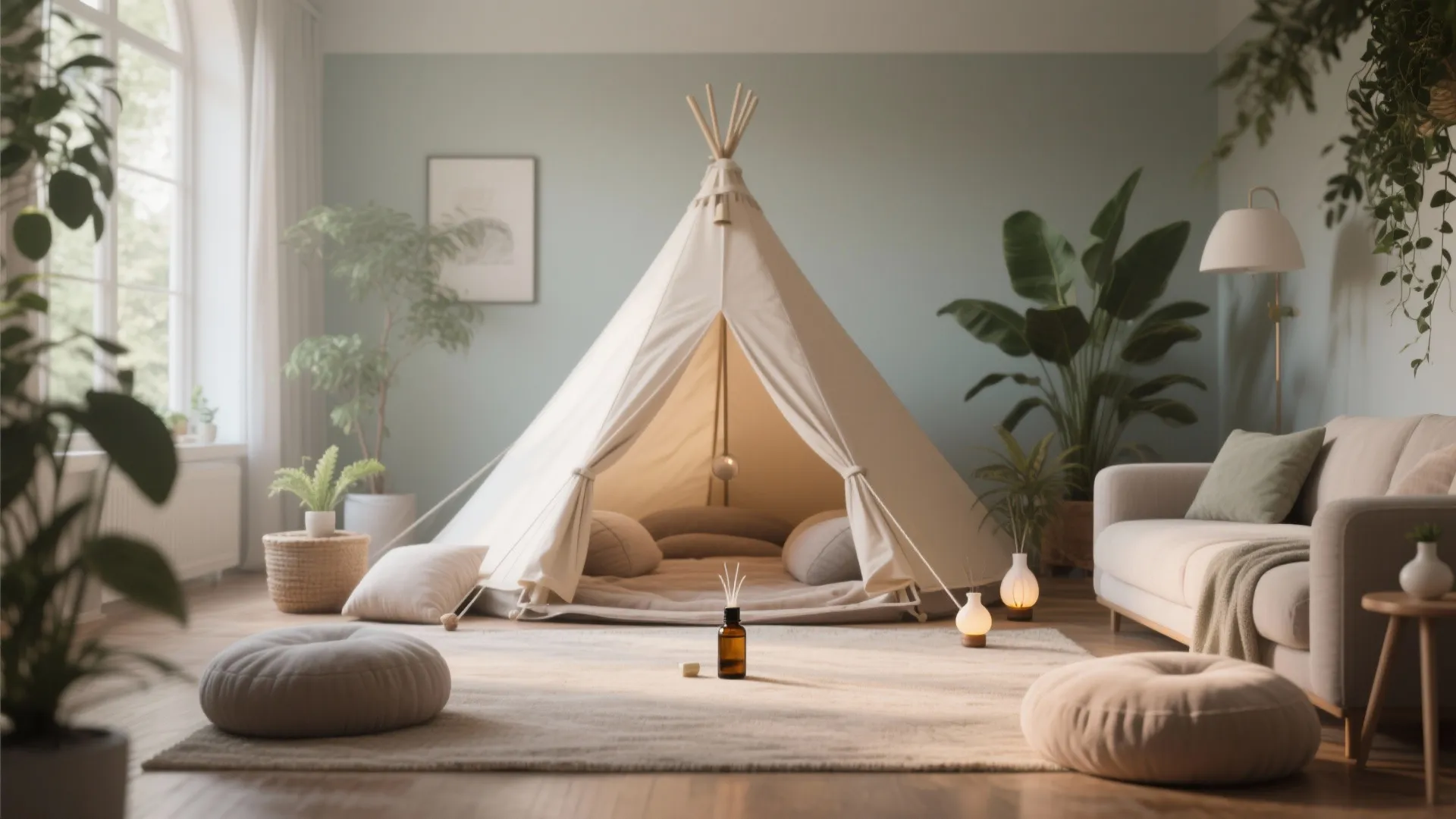 Calming wellness meditation tent with muted colors and cushions