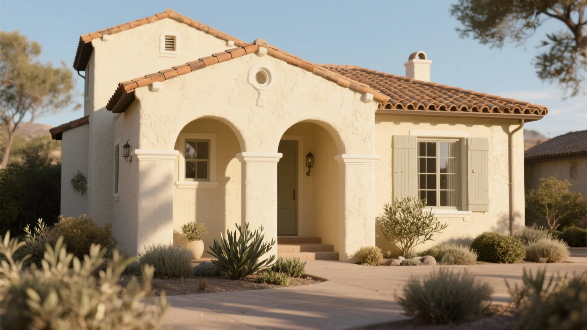 Mediterranean house with beige walls orange roof tiles arched porch entrance and desert landscaping green plants