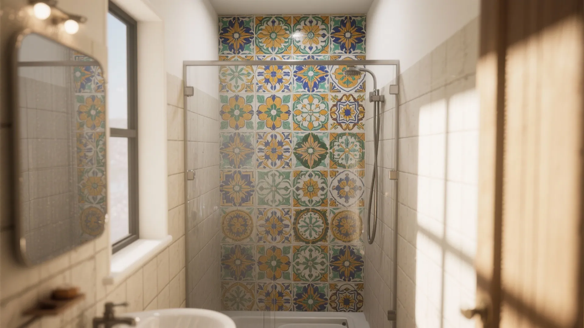 Shower with bold Mediterranean patterned tile accent wall