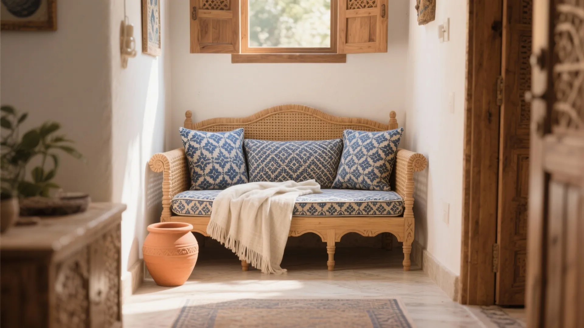 Compact hall with a cane-detailed diwan and terracotta and indigo accents.