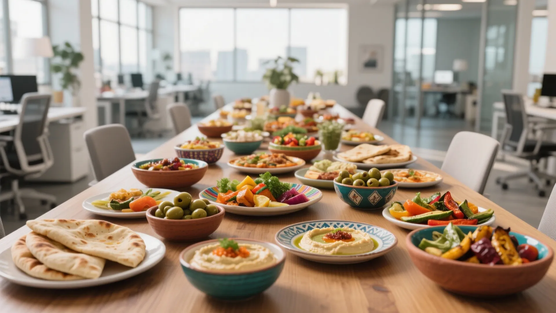 Long wooden office table filled with Mediterranean food bowls including hummus olives bread and fresh vegetables