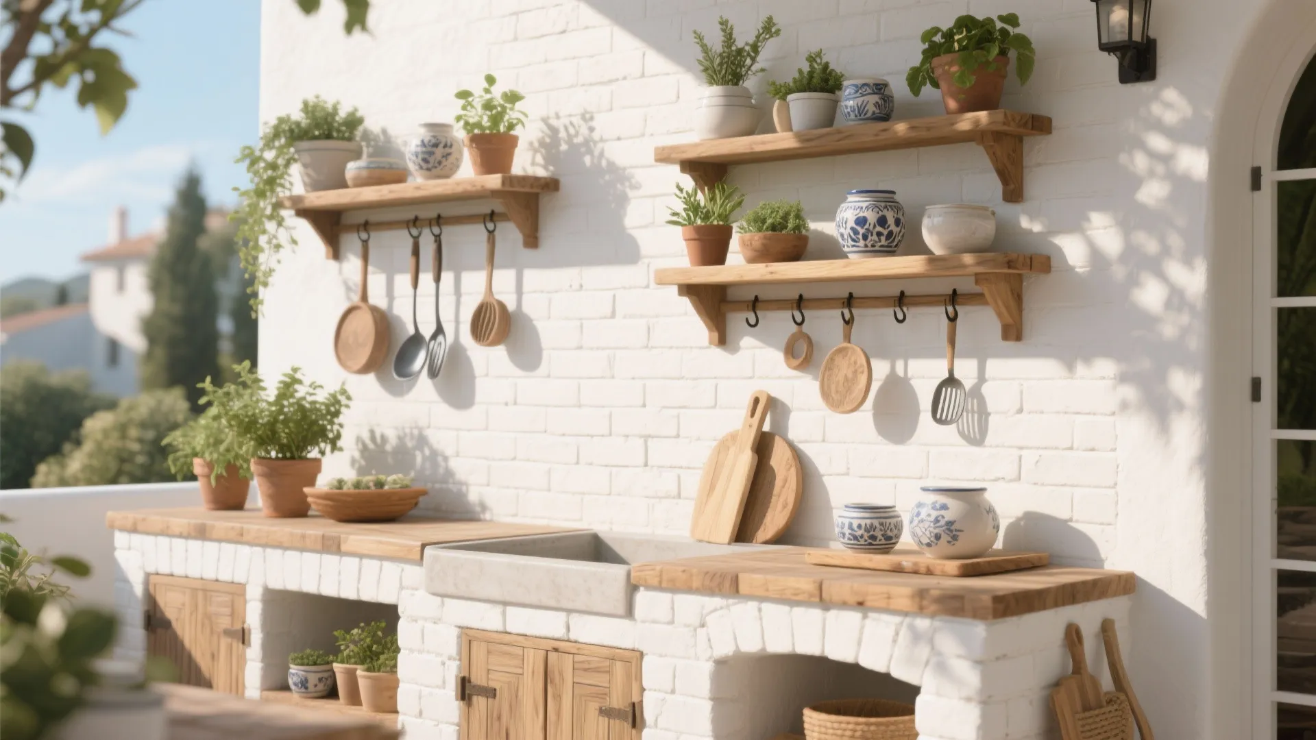 Outdoor Mediterranean kitchen with white brick walls wooden shelves potted plants and various hanging cooking tools