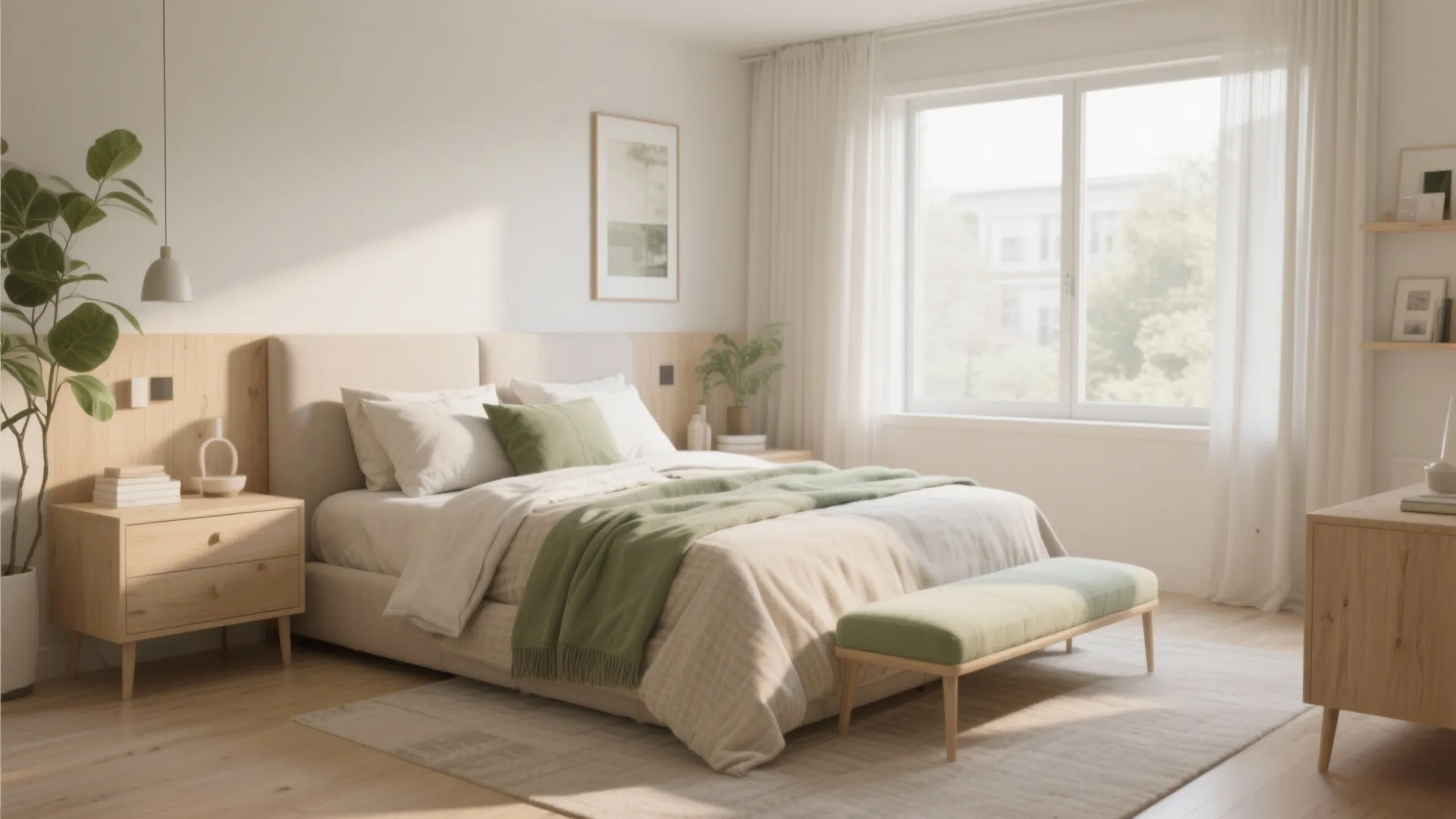 Bright bedroom with green pillows plus footrest including wooden nightstand and natural light from windows