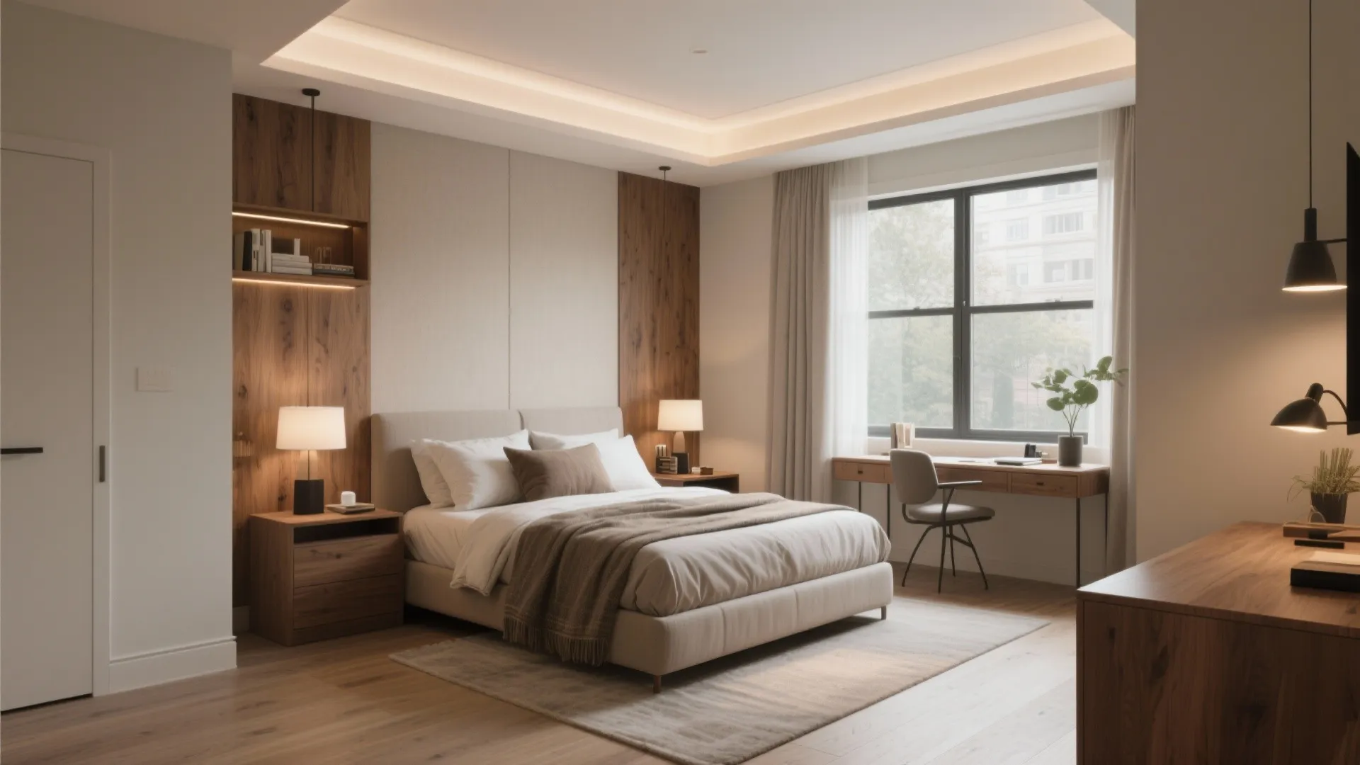 Cozy bedroom interior design showing a bed and a wooden desk by the large window