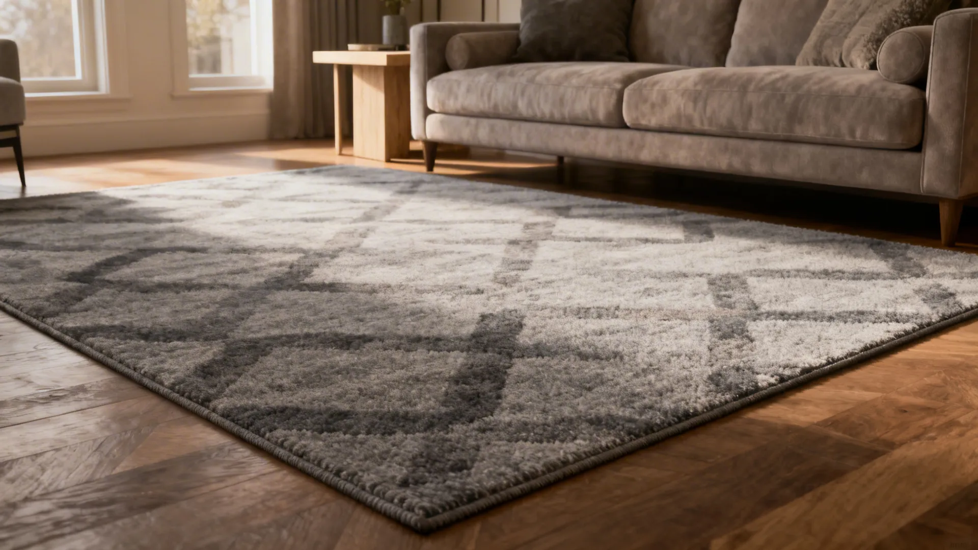 Gray patterned rug on wood floor in living room next to beige sofa and side table