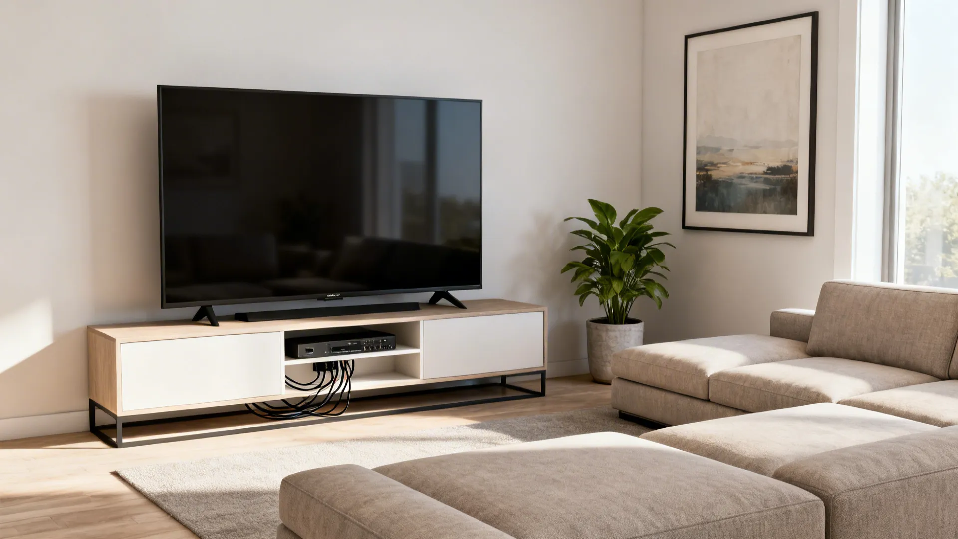 Medium family living room with a 55–65 inch TV above a media console and a sectional sofa
