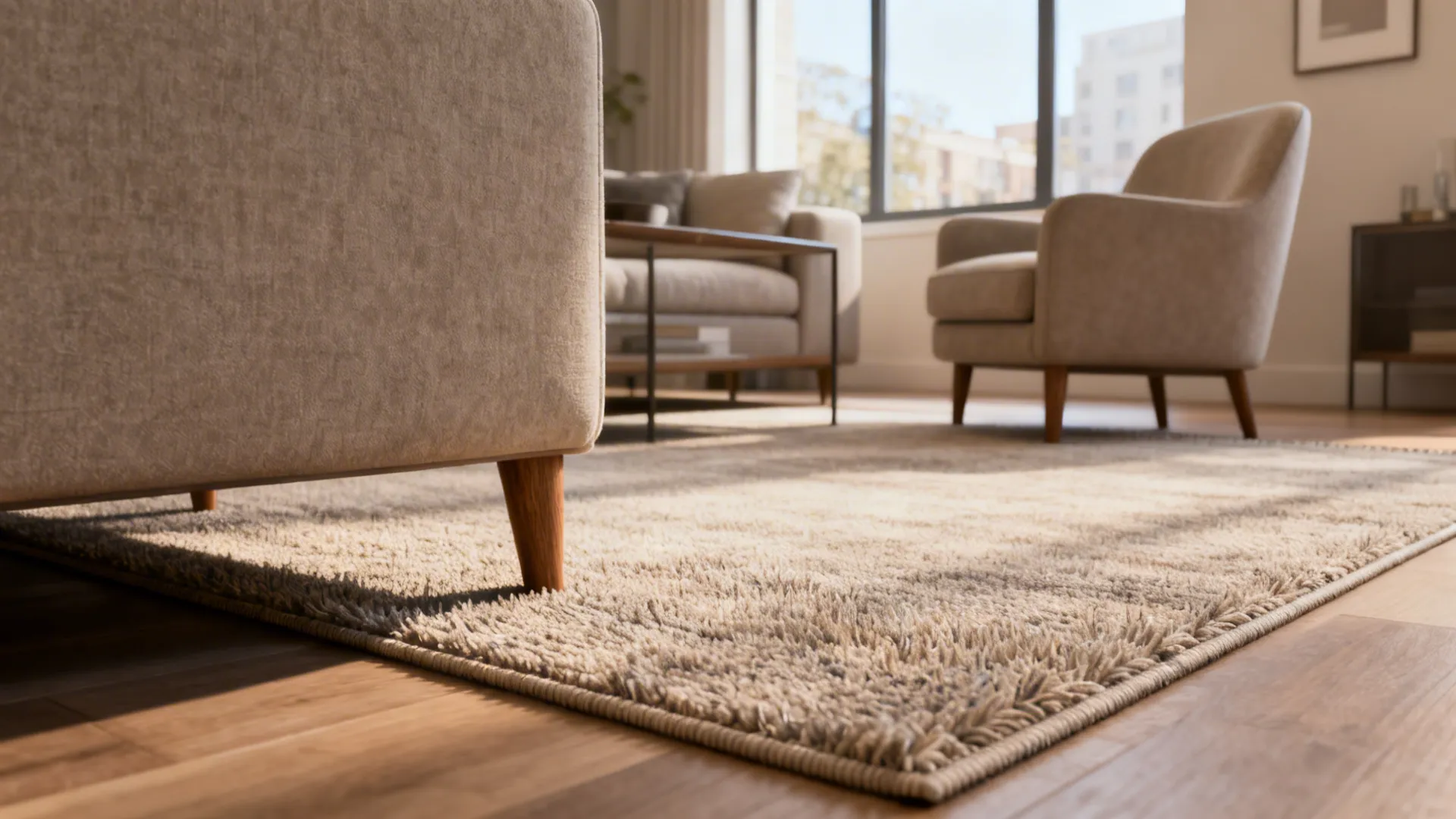Apartment living room with a 5x8 rug and front legs of furniture on the rug, showing balanced spacing.