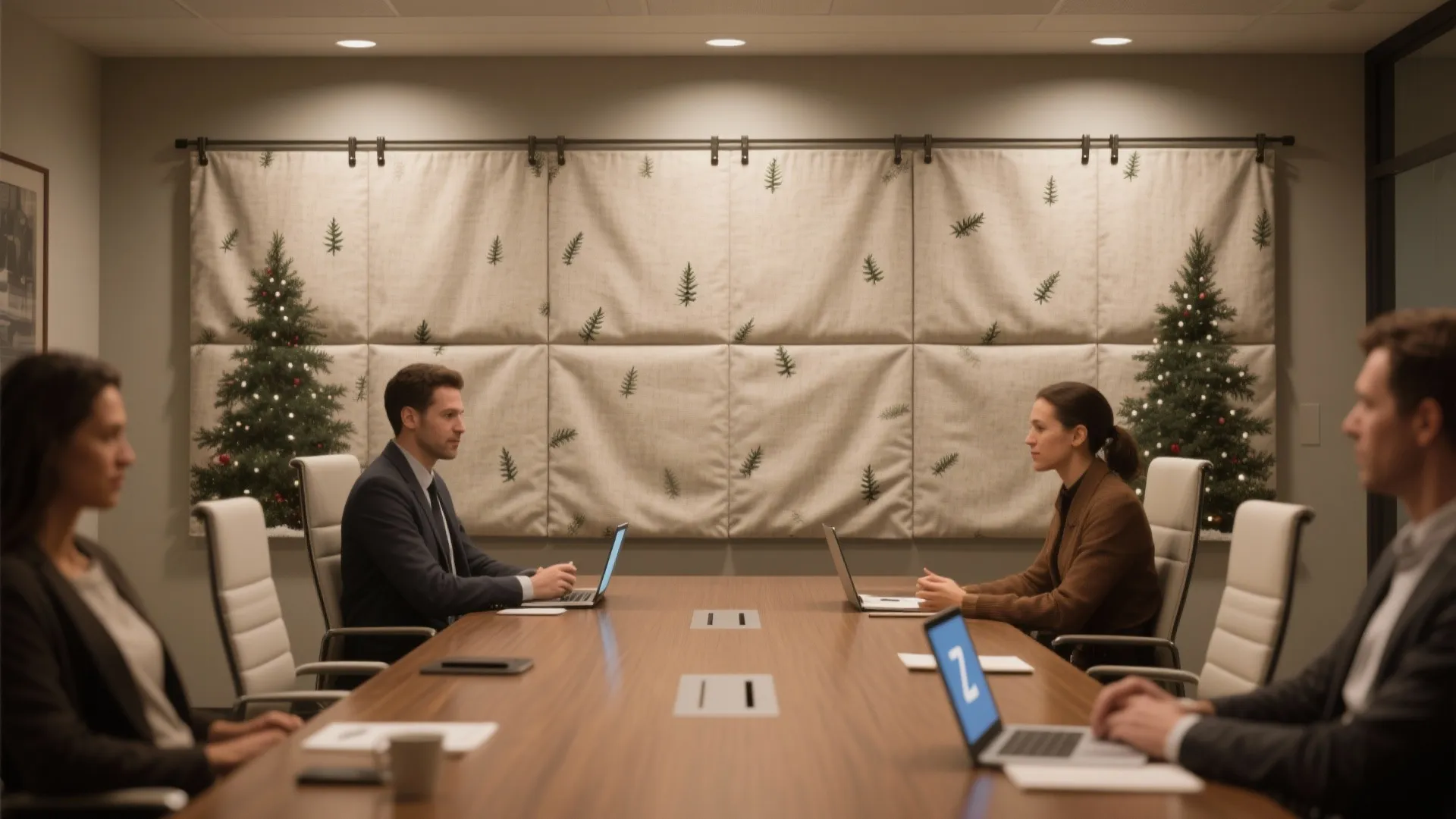 People in business meeting room with wood table laptops and decorative wall curtain with trees