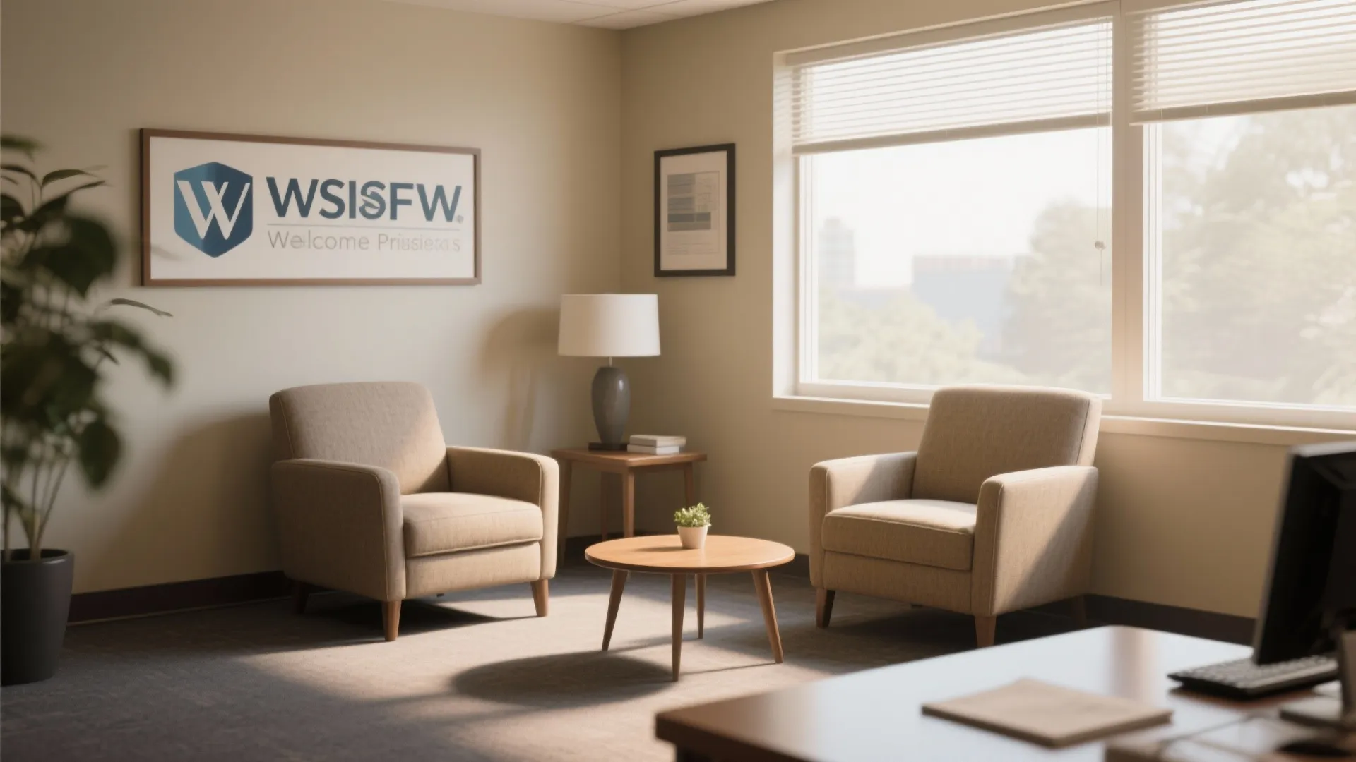 Office waiting area with two beige armchairs a small round wooden table and table lamp