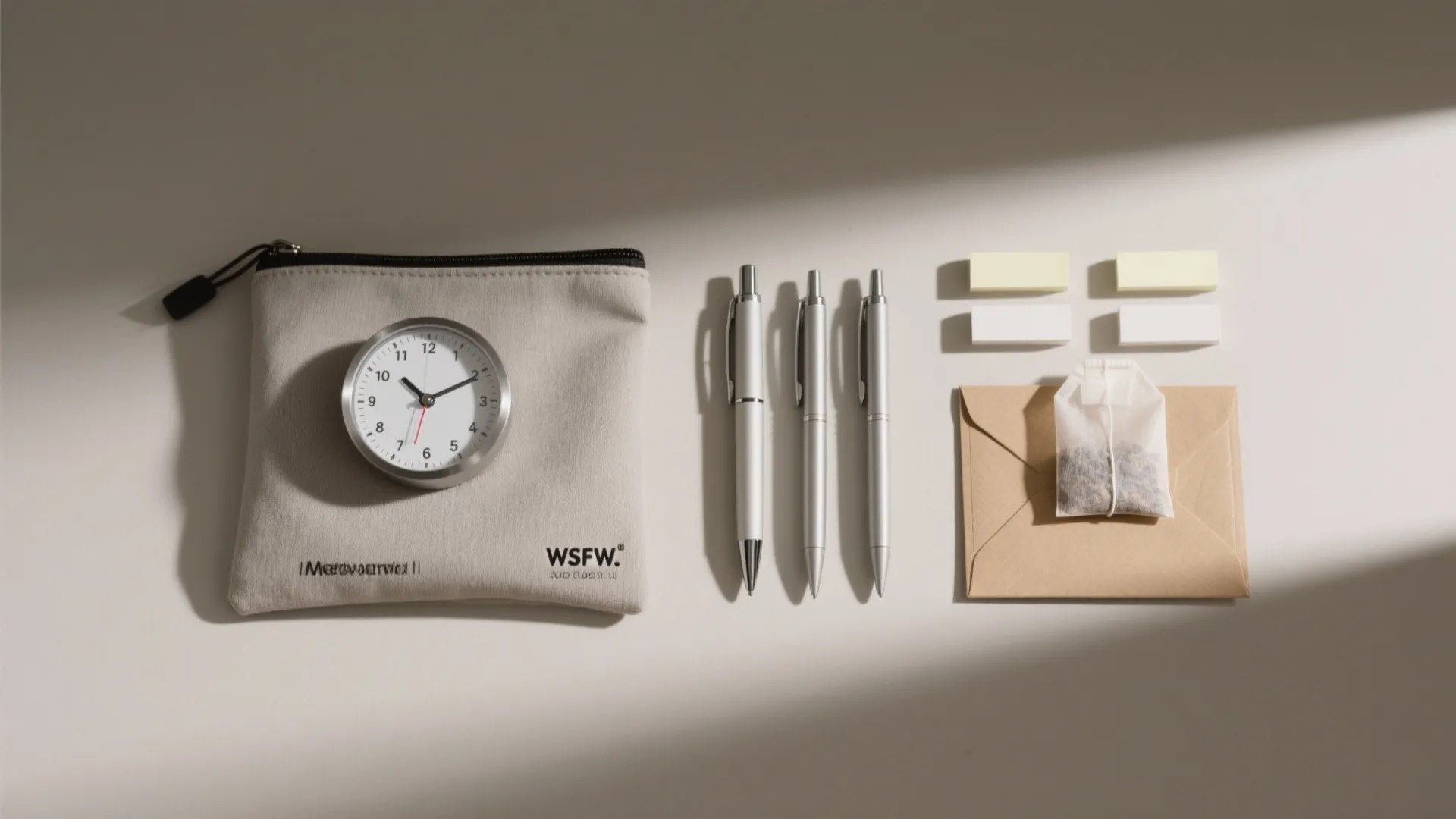 Desk organizer set with small clock fabric pouch silver pens and envelopes on white surface