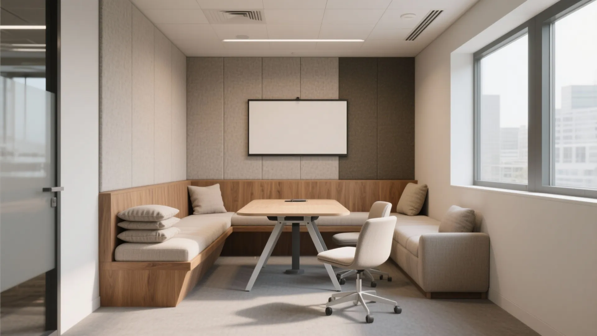 Modern office meeting nook with wooden corner sofa white table chairs and large wall screen