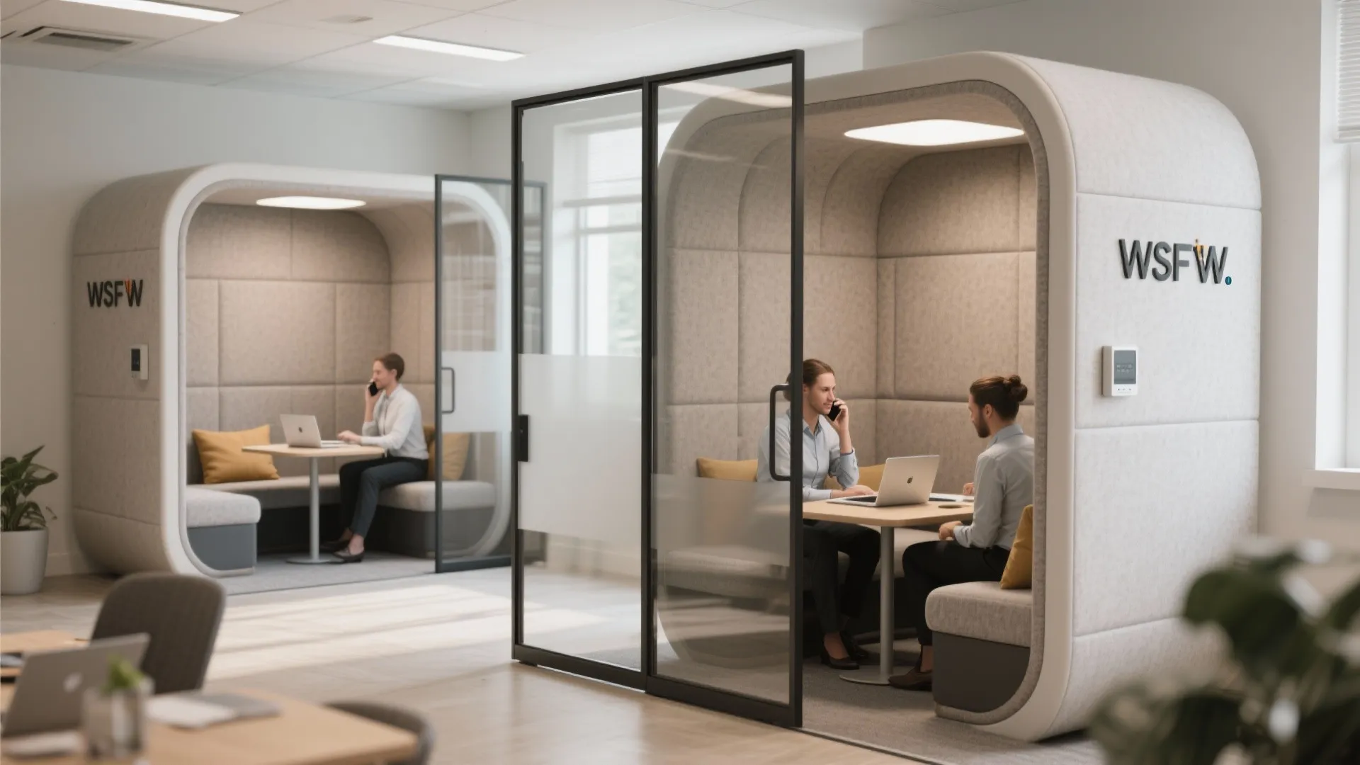 Modern office interior with soundproof meeting pods featuring comfortable seating tables and people working on laptops