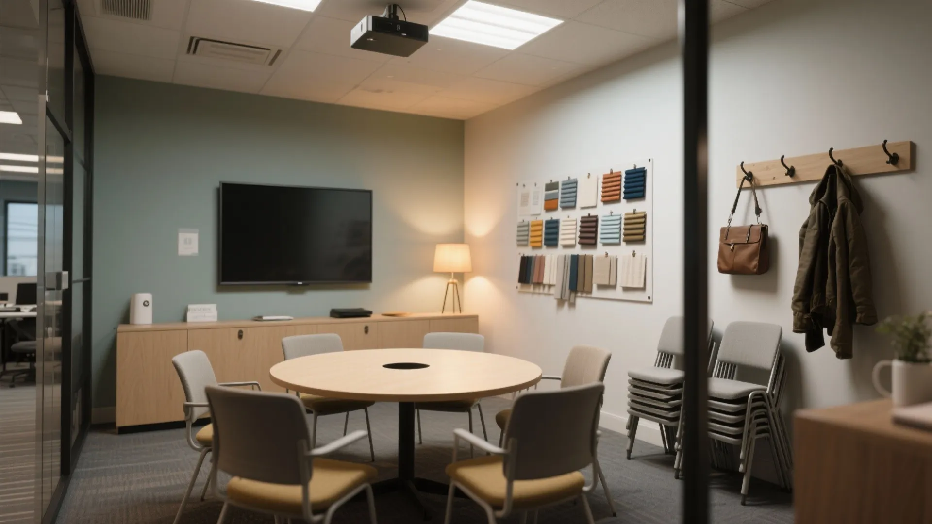 Meeting room with round table and chairs featuring a wall television plus a fabric board