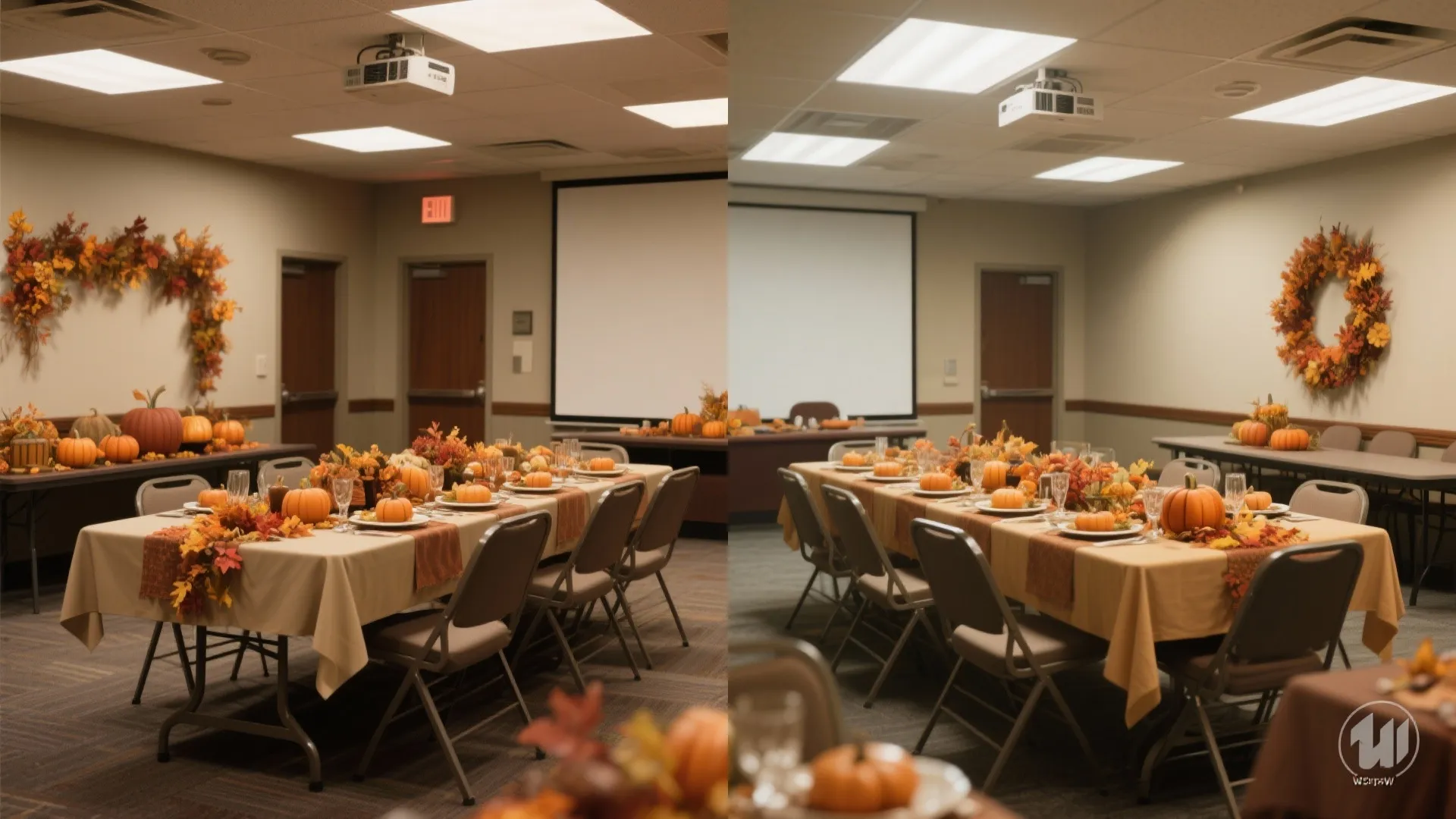 Meeting room decorated for Thanksgiving with orange pumpkins autumn leaves long dining tables and chairs