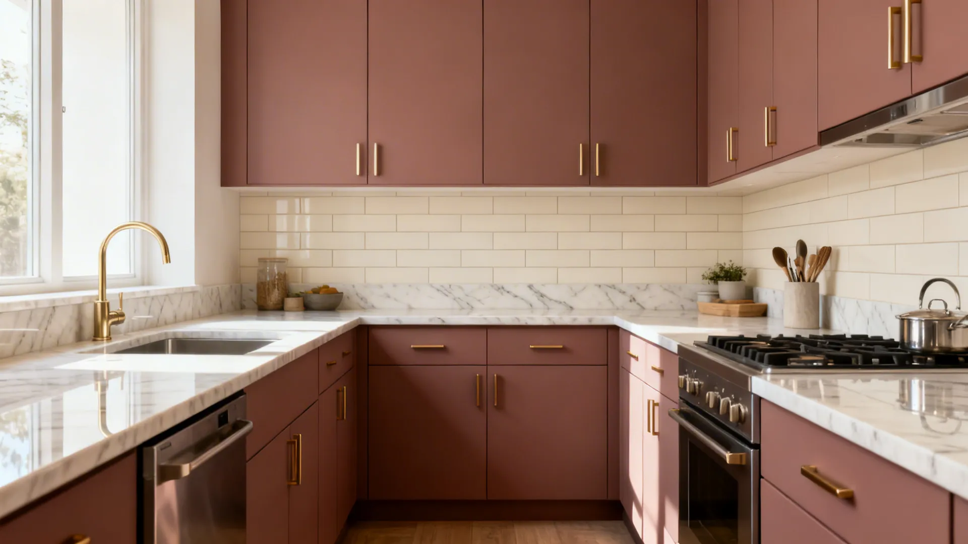 Mehroon matte cabinetry with light stone counters