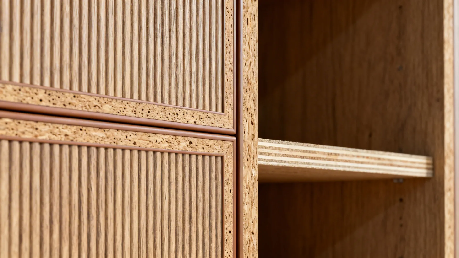 Macro of textured melamine ash grain with premium ABS edge band on plywood.