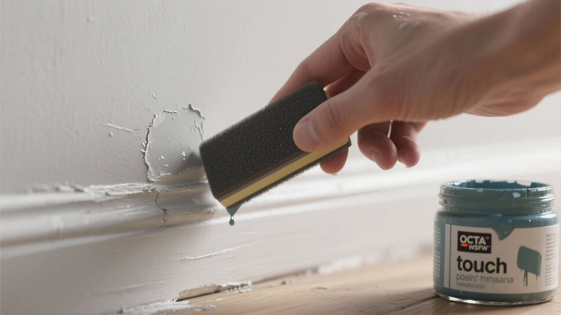Hand using a sponge to touch up white wall with paint from a small jar