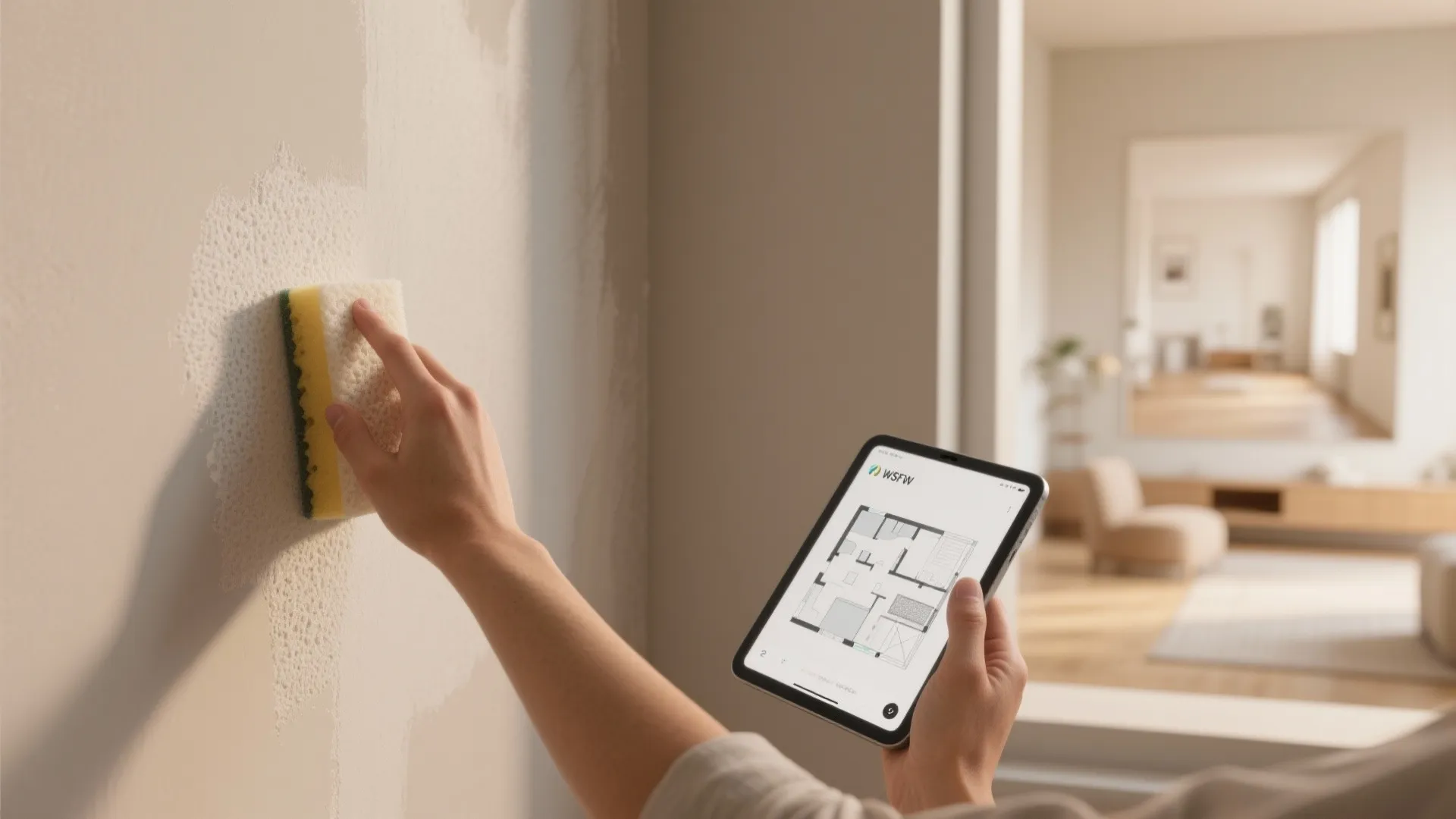 Hand cleaning a white wall with a sponge while holding a tablet showing floor plans
