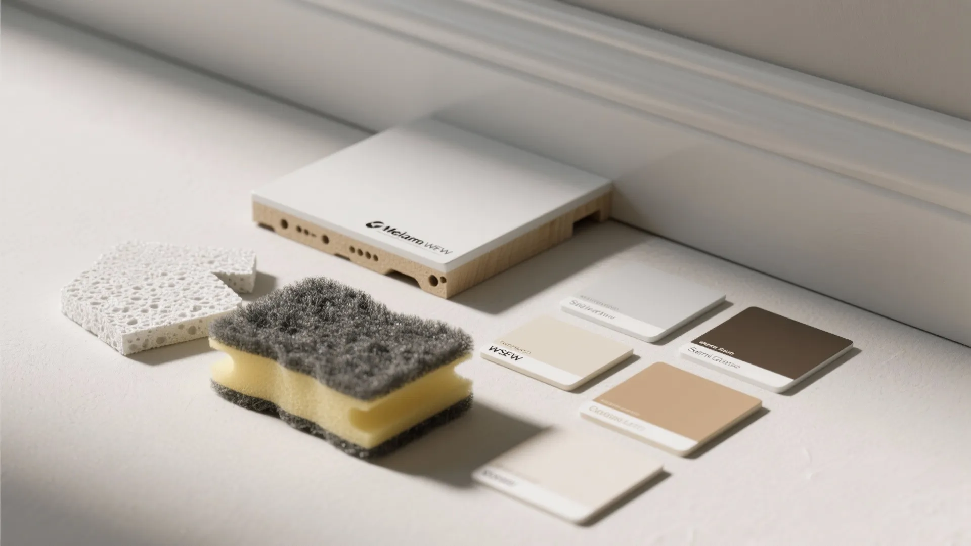 Melamine cleaning sponges and color swatches placed on floor near white wall panel and wood.