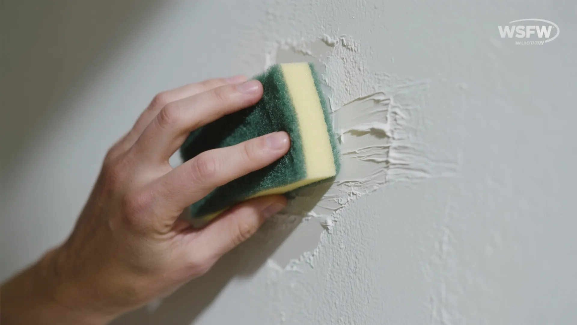 Person using a green and yellow sponge to clean a white spot on the wall