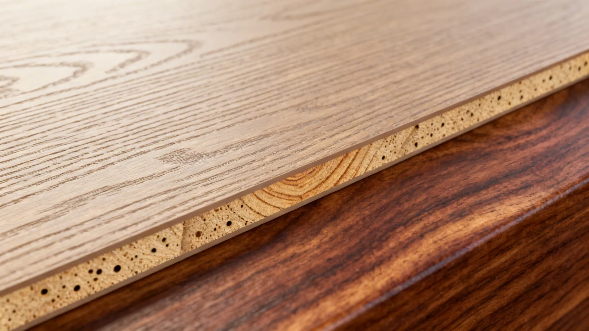 Macro of wood-look melamine embossing beside real walnut edge detail.