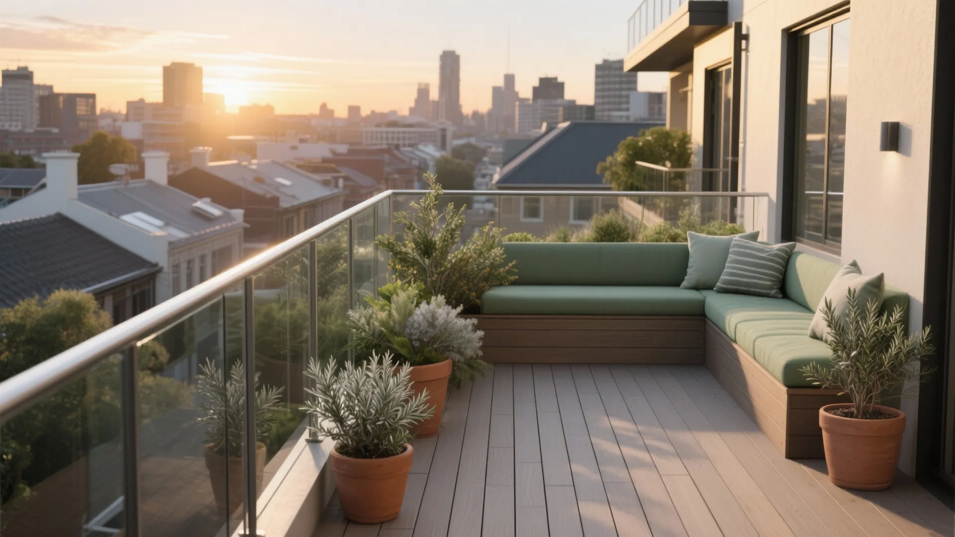 Modern balcony with green corner sofa wooden floor glass railing and city view at golden sunset