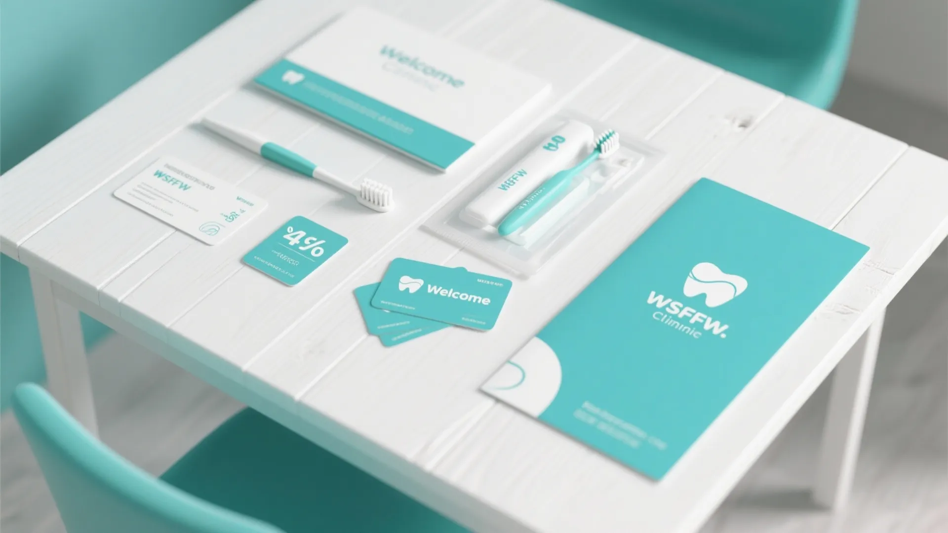 Dental clinic brand materials including toothbrushes cards and brochures on a white wood table surface