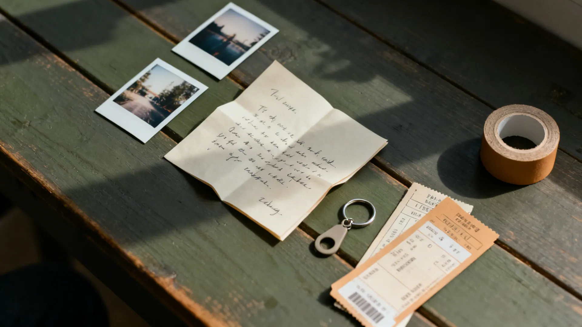 Flat lay of small photo prints, note, and micro-gifts on a wooden surface.