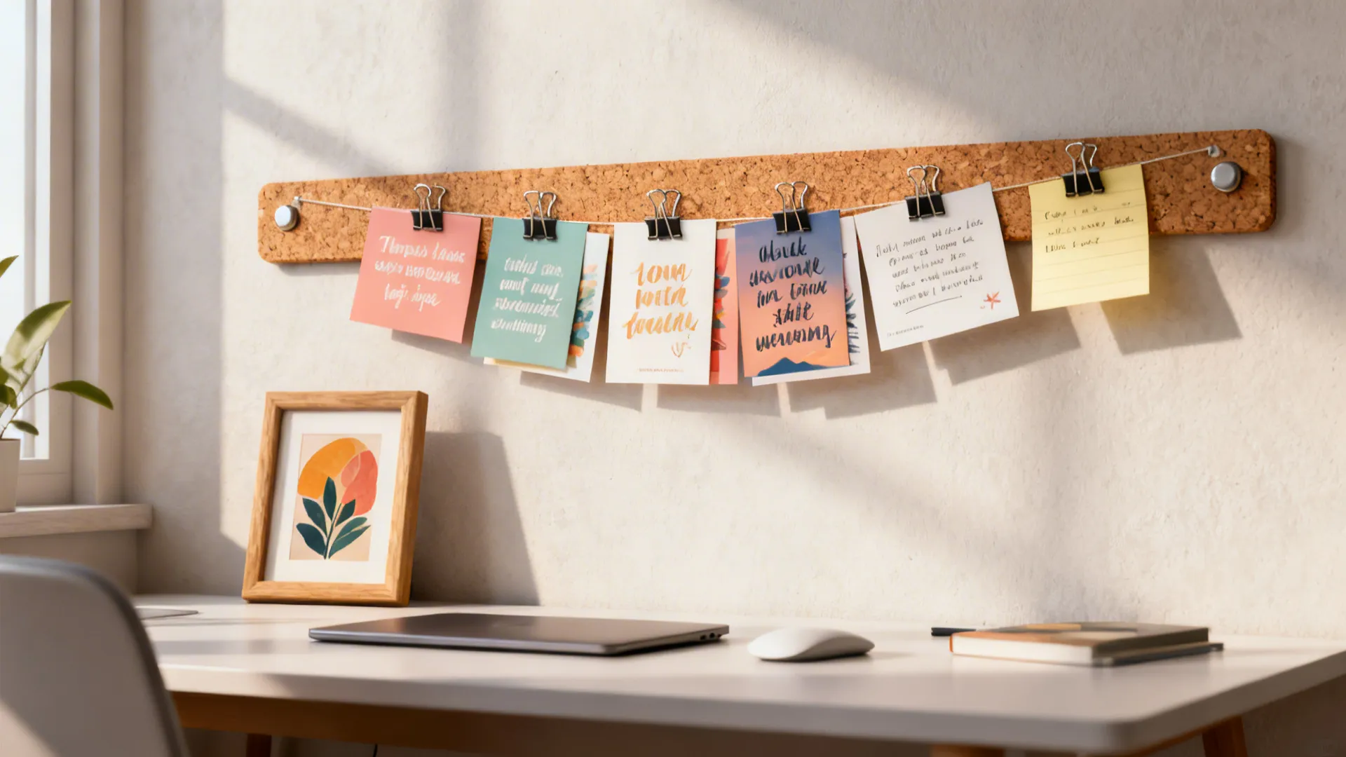 Magnetic cork strip with rotating postcards, framed art, and clips creating a small memo zone.