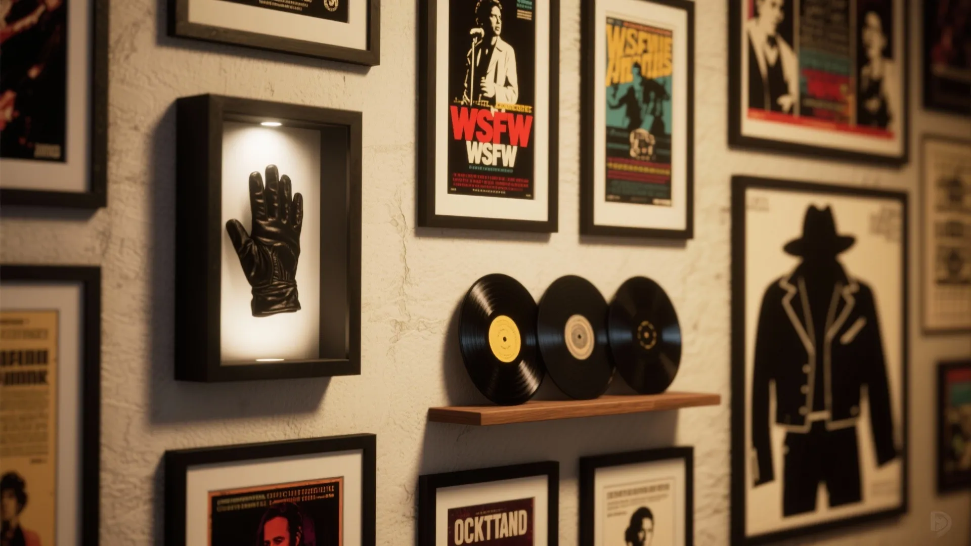 Gallery wall with framed music posters a black glove in a box and vinyl record discs