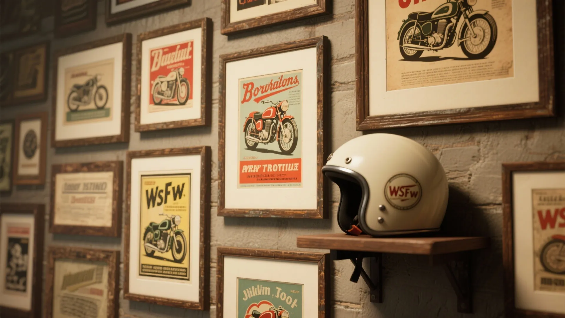Curated vintage motorcycle posters and helmet on a picture ledge forming a museum-style wall.