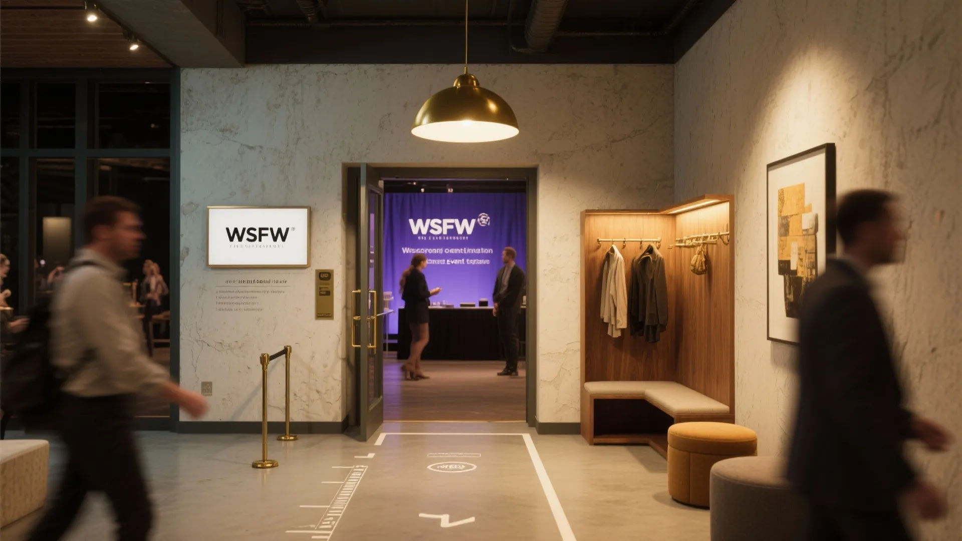 Curated entry with signage, focal light and clear circulation path making a small space feel organized.