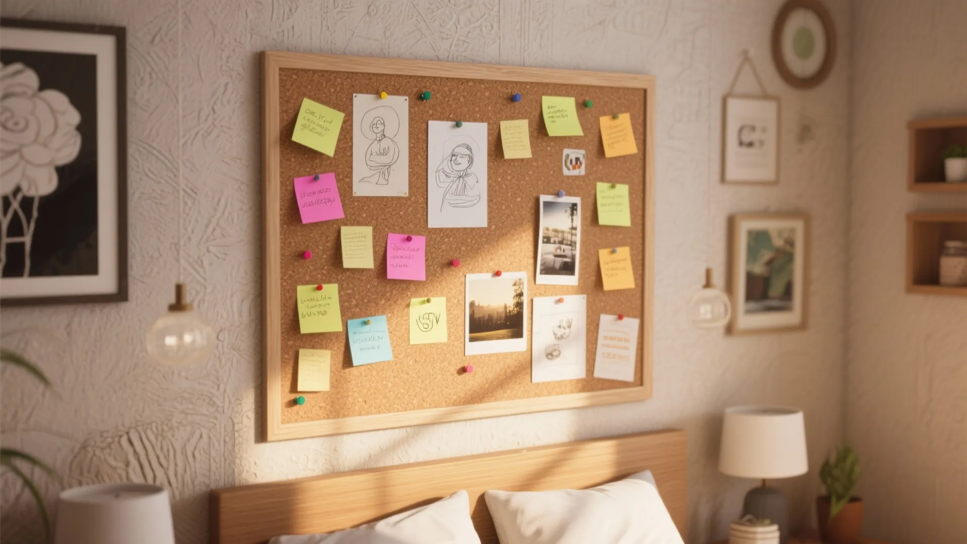 Cork board on a bedroom wall decorated with drawings photos and colorful paper sticky notes