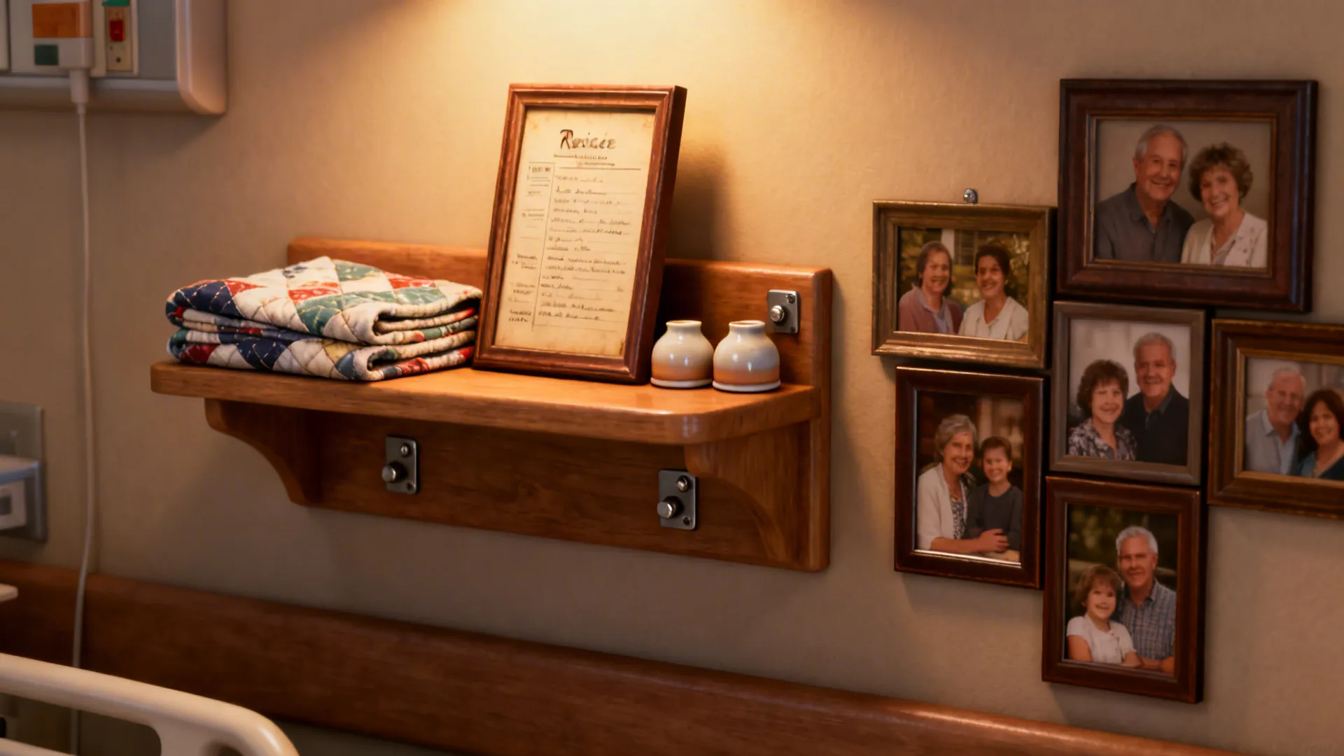 Secured memory corner with framed photos, a favorite quilt, and small ceramics.